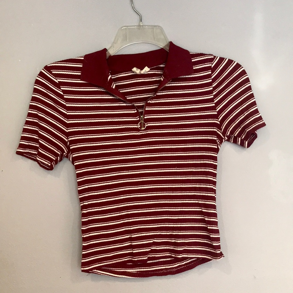 Stripped burgundy and white collared shirt